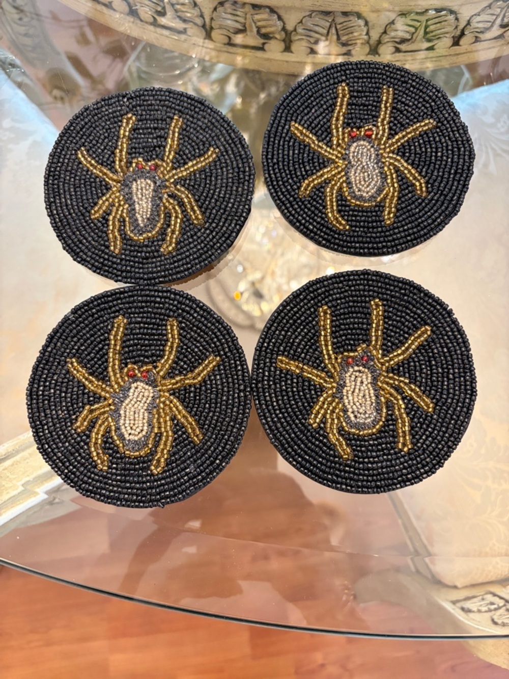 Handmade Beaded Spider Coasters - Black & Gold